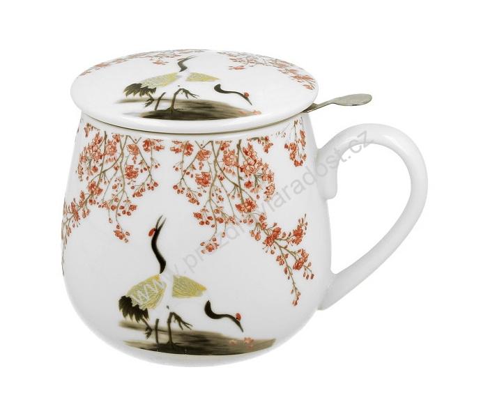 Porcelánový hrnek se sítkem 430 ml Sakura a jeřáby