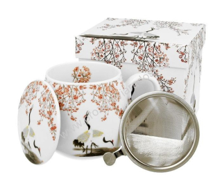 Porcelánový hrnek se sítkem 430 ml Sakura a jeřáby